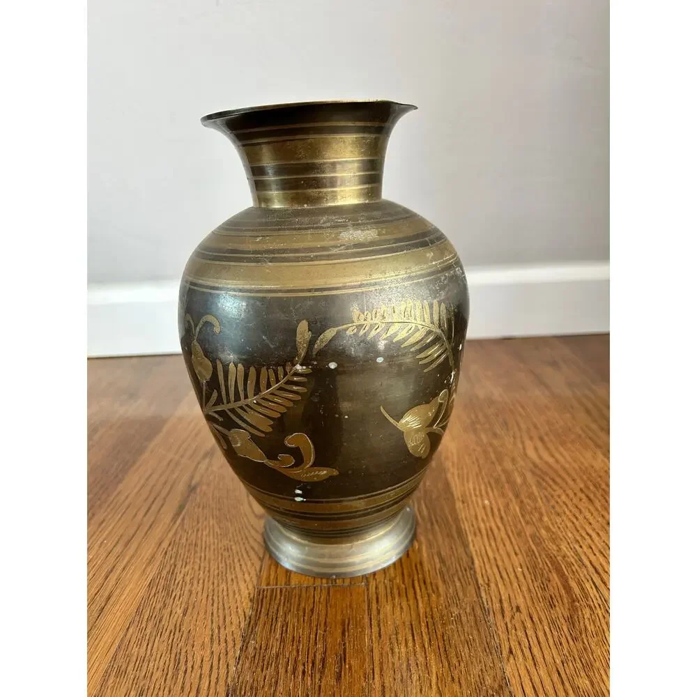 Vintage Brass Etched Vase Made in India Floral 9in